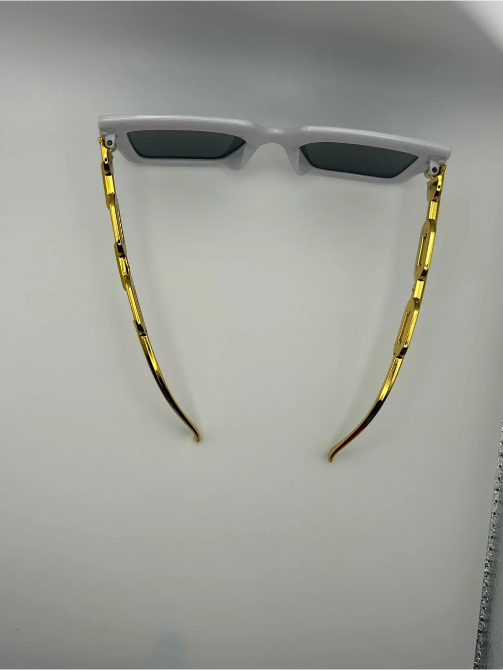 White Frame Sunglasses with Gold Chain Temples